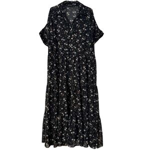 Tatiana Semi-Sheer Midi Dress Black Floral Sz 22 Silk Blend Cottagecore Tiered